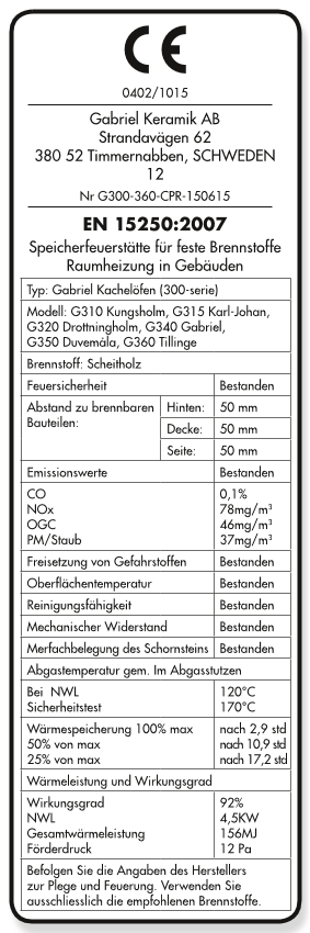 étiquetage CE pour poêles classiques ronds et rectangulairs de Gabriel Keramik